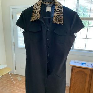 *SOLD* Fuzzy animal print collar black vintage mini dress 1990s
